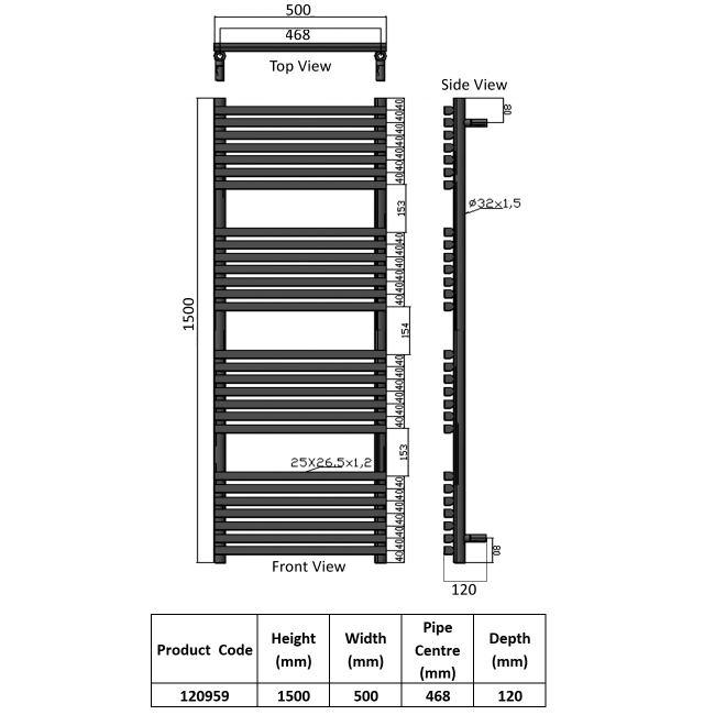 Heatwave Tropic Anthracite Designer Ladder Towel Rail 1500mm (H) x 500mm (W)