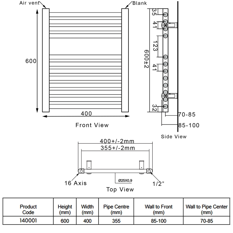 Heatwave Pisa Straight Heated Towel Rail - 600mm H x 400mm W - Chrome