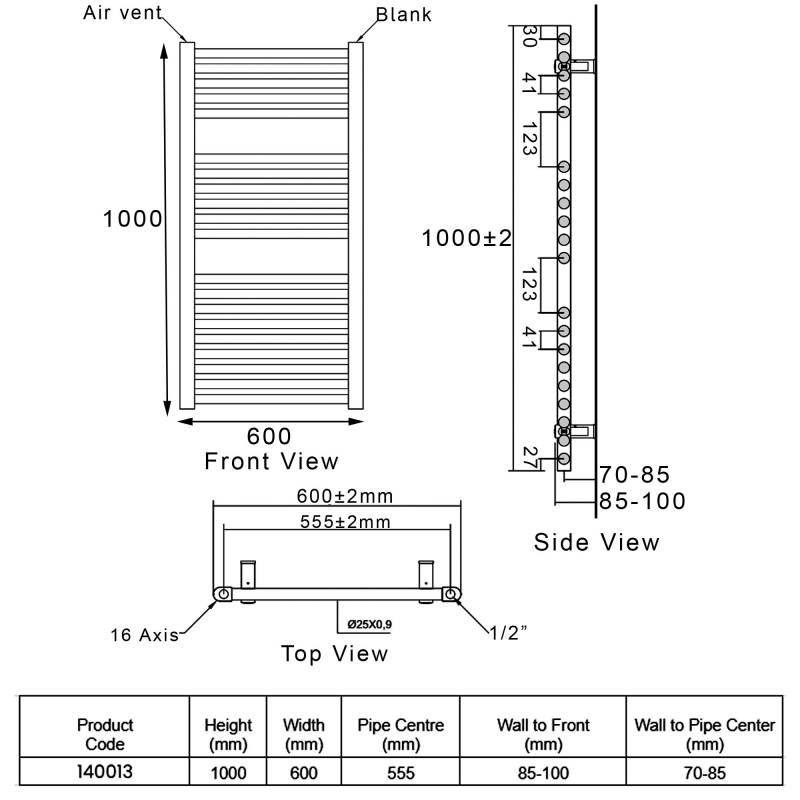 Heatwave Tempo Chrome Ladder Towel Rail 1000mm (H) x 600mm (W)  | Dimension Image