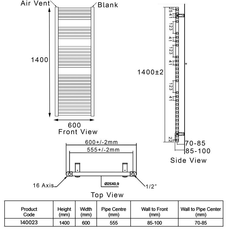 Heatwave Tempo Chrome Ladder Towel Rail 1400mm (H) x 600mm (W)  | Dimension Image