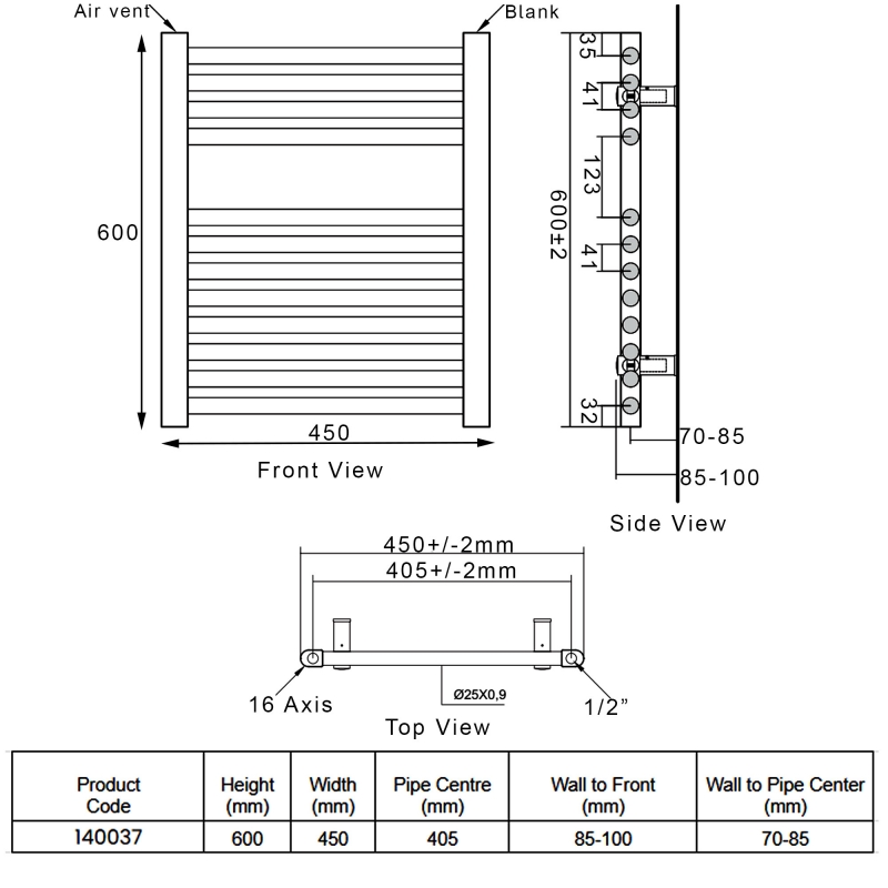 Heatwave Tempo Curved Chrome Ladder Towel Rail 600mm (H) x 450mm (W)  | Dimension Image