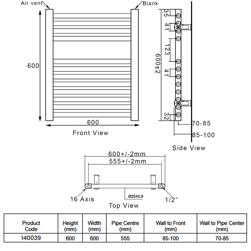 Heatwave Tempo Curved Chrome Ladder Towel Rail 600mm (H) x 600mm (W)  | Dimension Image