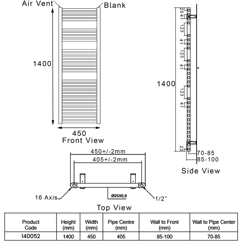 Heatwave Tempo Curved Chrome Ladder Towel Rail 1400mm (H) x 450mm (W)  | Dimension Image