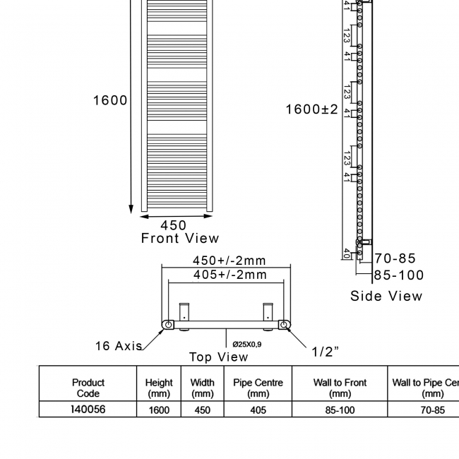 Heatwave Tempo Curved Chrome Ladder Towel Rail 1600mm (H) x 450mm (W)  | Dimension Image
