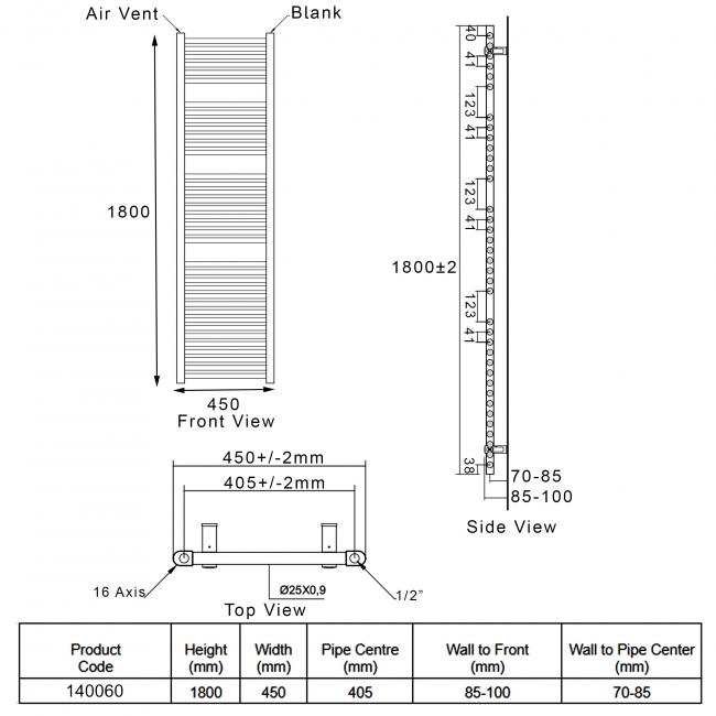 Heatwave Tempo Curved Chrome Ladder Towel Rail 1800mm (H) x 450mm (W)  | Dimension Image