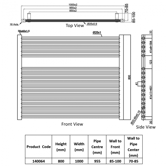 Heatwave Tempo Chrome Ladder Towel Rail 800mm (H) x 1000mm (W)  | Dimension Image