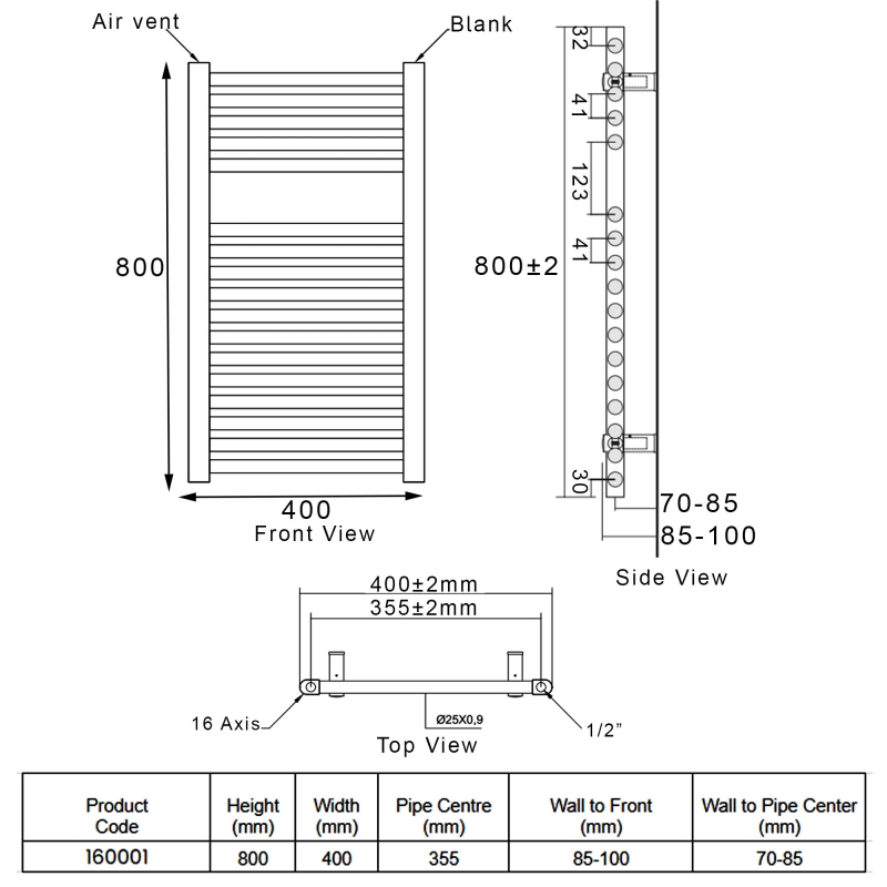 Heatwave Tempo White Ladder Towel Rail 800mm (H) x 400mm (W)  | Dimension Image