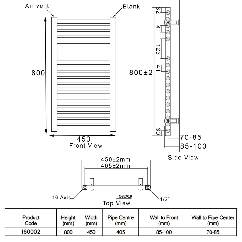 Heatwave Tempo White Ladder Towel Rail 800mm (H) x 450mm (W)  | Dimension Image