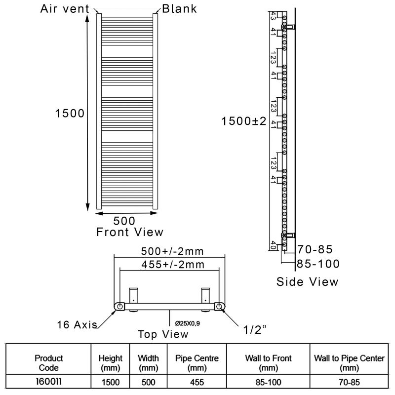 Heatwave Tempo White Ladder Towel Rail 1500mm (H) x 500mm (W)  | Dimension Image