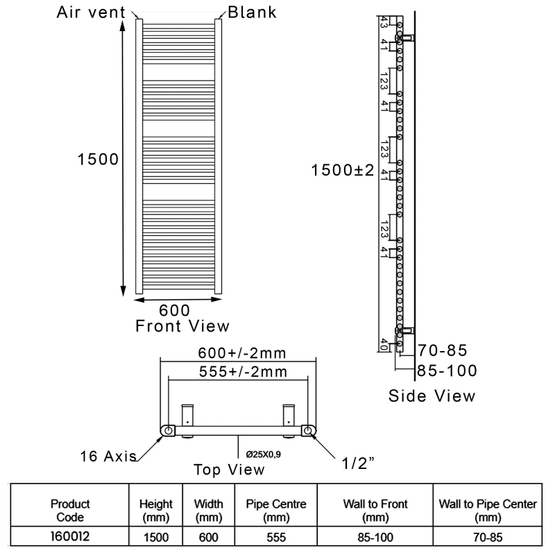 Heatwave Tempo White Ladder Towel Rail 1500mm (H) x 600mm (W)  | Dimension Image