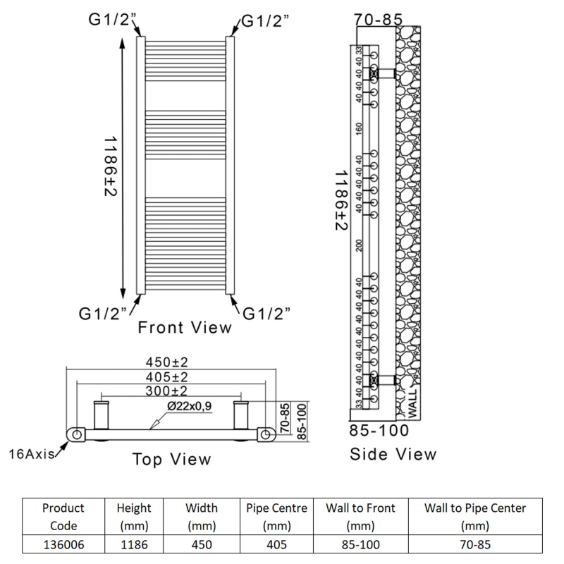 Heatwave Ballad Black Thermostatic Electric Ladder Towel Rail 1186mm (H) x 450mm (W)  | Dimension Image