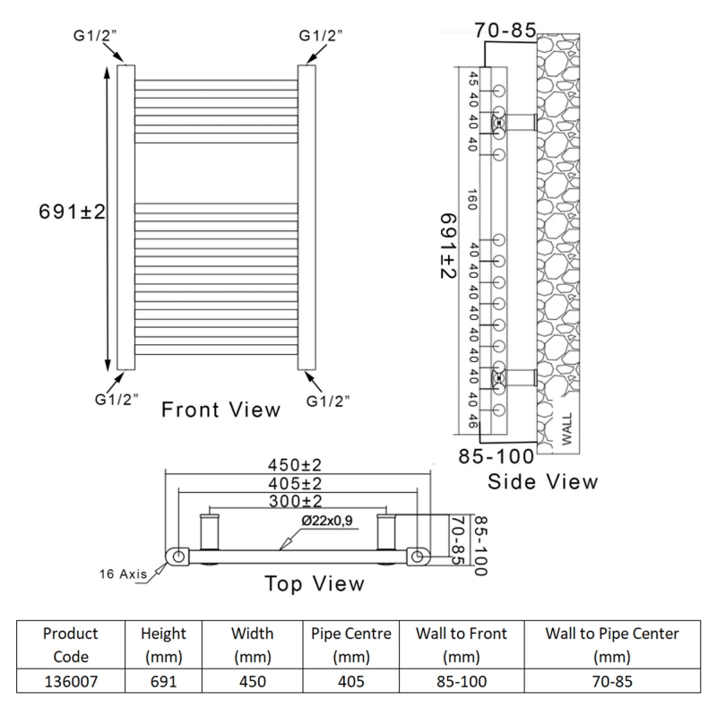 Heatwave Ballad White Thermostatic Electric Ladder Towel Rail 691mm (H) x 450mm (W)  | Dimension Image