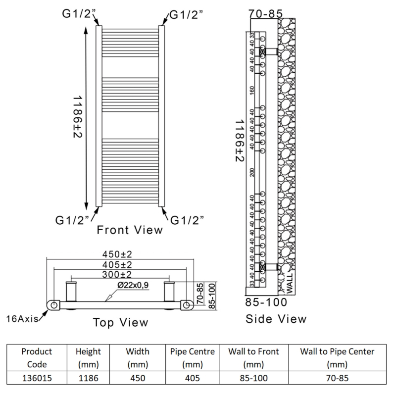 Heatwave Ballad Anthracite Thermostatic Electric Ladder Towel Rail 1186mm (H) x 450mm (W)  | Dimension Image