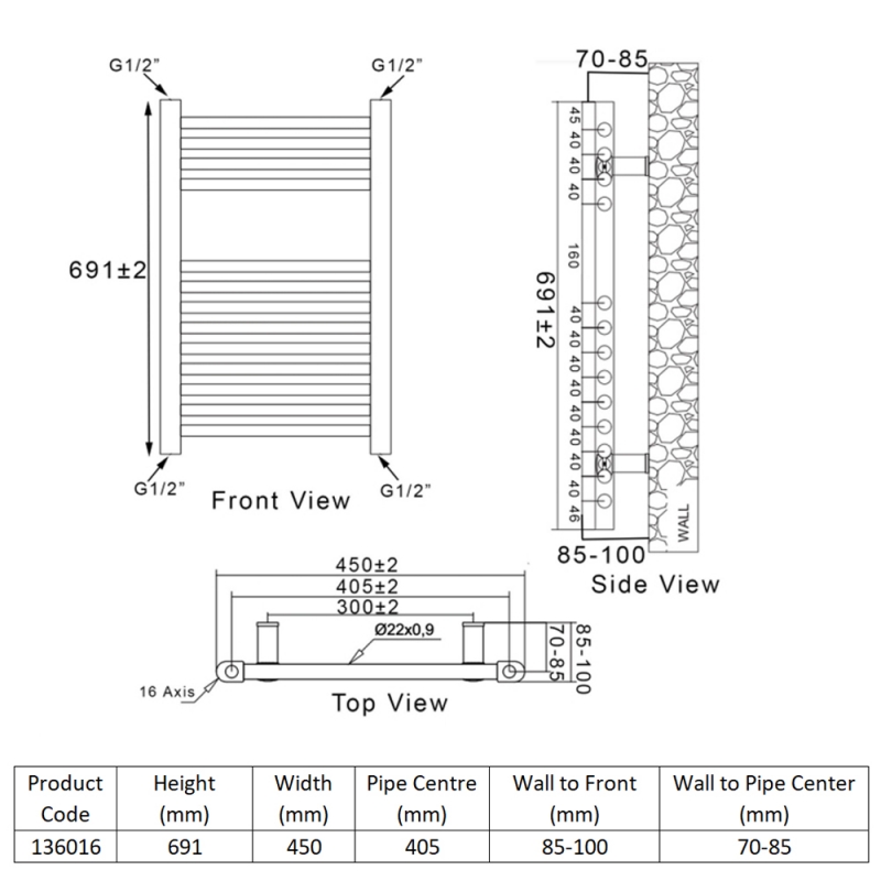 Heatwave Ballad Black Thermostatic Electric Ladder Towel Rail 691mm (H) x 450mm (W)  | Dimension Image
