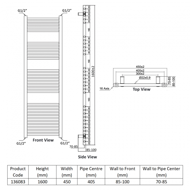 Heatwave Ballad Chrome Thermostatic Electric Ladder Towel Rail 1600mm (H) x 450mm (W)  | Dimension Image