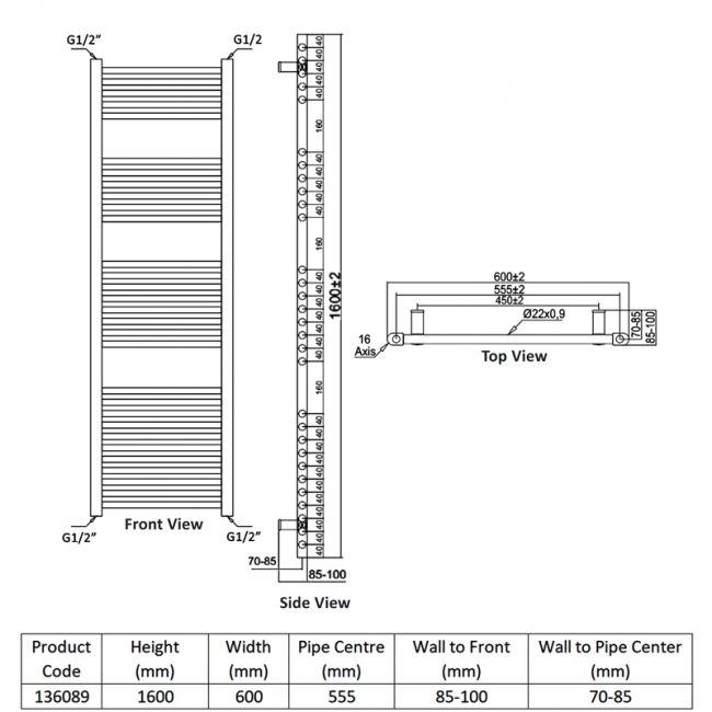 Heatwave Ballad Chrome Thermostatic Electric Ladder Towel Rail 1600mm (H) x 600mm (W)  | Dimension Image