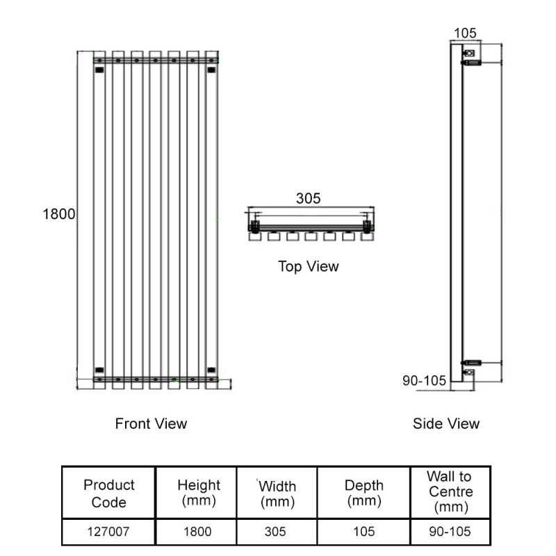 Heatwave Soho Designer Vertical Radiator 1800mm H x 305mm W - Chrome