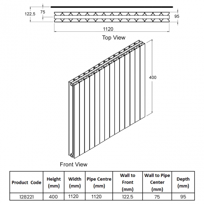 Heatwave Thornbury White Horizontal Aluminium Radiator 400mm (H) x 1120mm (W)  | Dimension Image