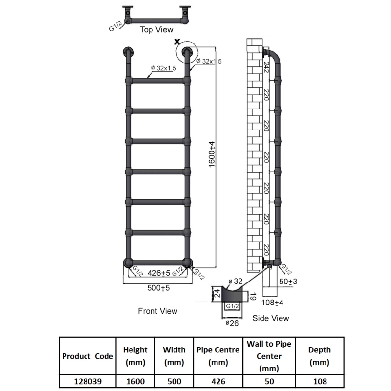 Heatwave Pier Chrome Traditional Towel Rail 1600mm (H) x 500mm (W)