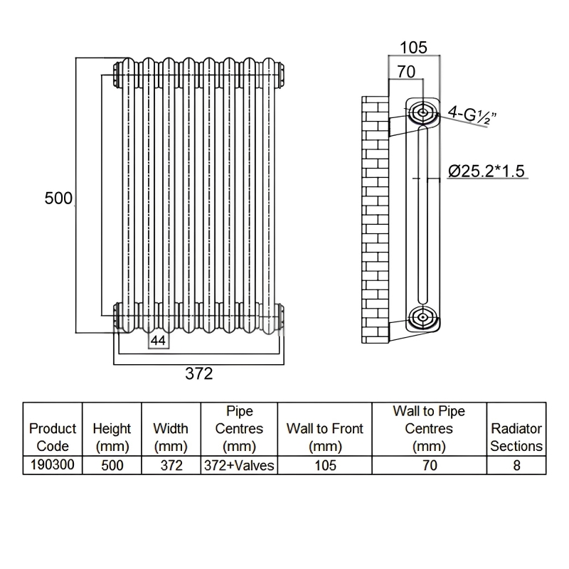 Heatwave Windsor Plus 2 Column Horizontal Radiator 500mm H x 372mm W - 8 Sections