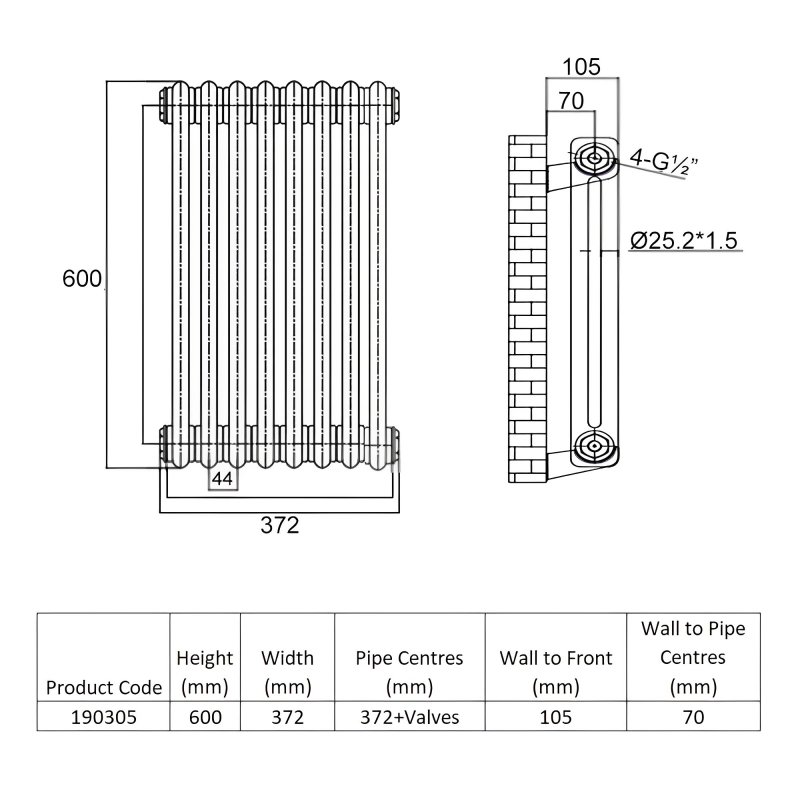 Heatwave Windsor Plus 2 Column Horizontal Radiator 600mm H x 372mm W - 8 Sections
