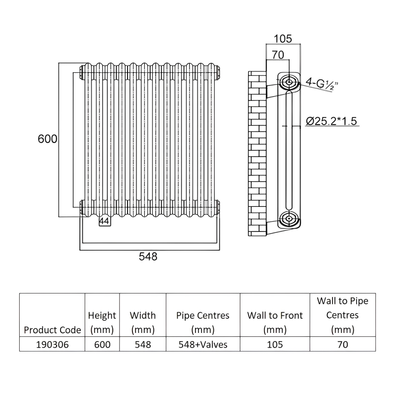 Heatwave Windsor Plus 2 Column Horizontal Radiator 600mm H x 548mm W - 12 Sections