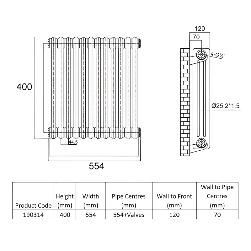 Heatwave Windsor Plus 3 Column Horizontal Radiator 400mm H x 554mm W - 12 Sections