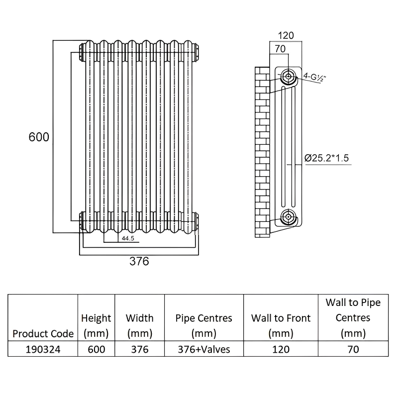 Heatwave Windsor Plus 3 Column Horizontal Radiator 600mm H x 376mm W - 8 Sections
