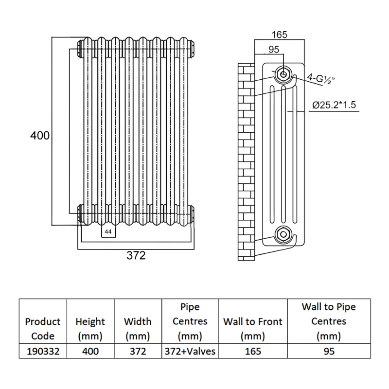 Heatwave Windsor Plus 4 Column Horizontal Radiator 400mm H x 372mm W - 8 Sections