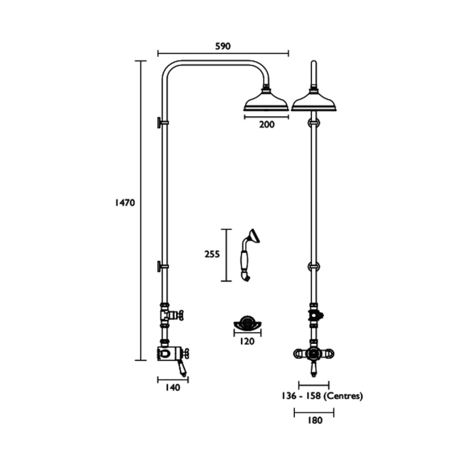 Heritage Avenbury Exposed Mixer Shower with Deluxe Fixed Riser Kit + Diverter to Handset - Chrome  | Dimension Image