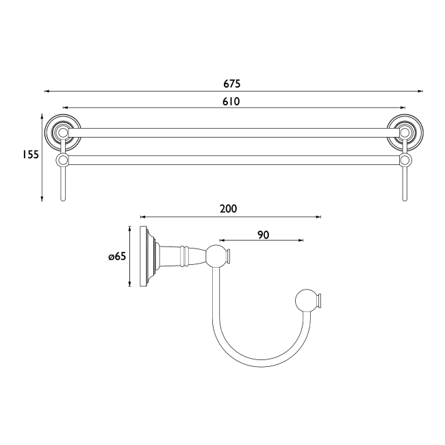 Heritage Clifton Double Towel Bar - Vintage Gold  | Dimension Image