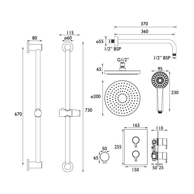 Heritage Dartmouth Dual Concealed Shower with Fixed Head + Shower Kit - Chrome  | Dimension Image