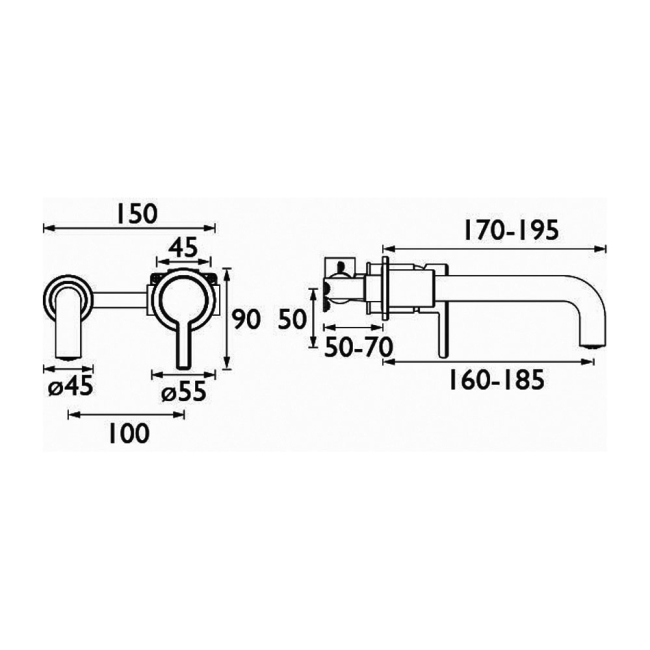 Heritage Dartmouth 2-Hole Wall Mounted Basin Mixer Tap - Chrome  | Dimension Image