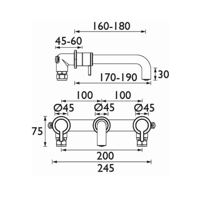 Heritage Dartmouth 3-Hole Wall Mounted Basin Mixer Tap - Chrome  | Dimension Image