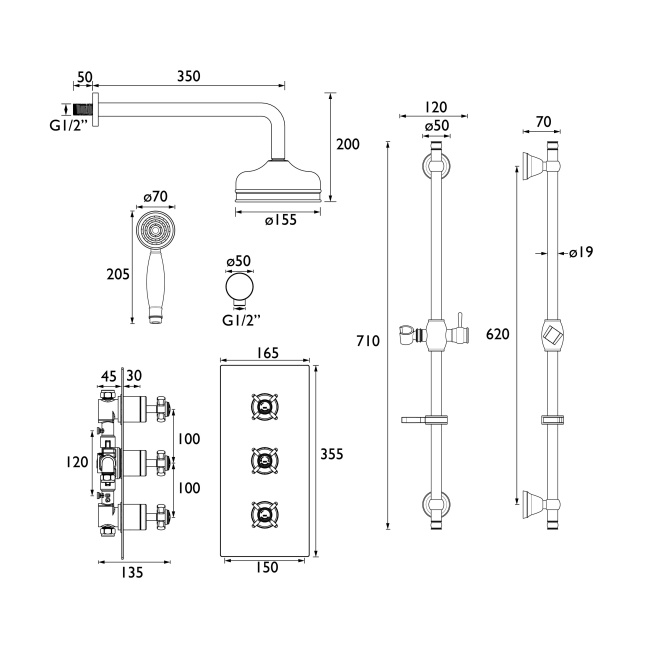 Heritage Dawlish Triple Concealed Mixer Shower with Shower Kit + Fixed Head - Brushed Nickel  | Dimension Image