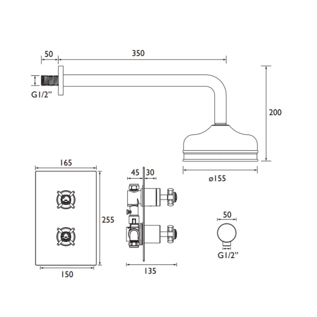 Heritage Dawlish Dual Concealed Mixer Shower with Fixed Head - Vintage Gold  | Dimension Image