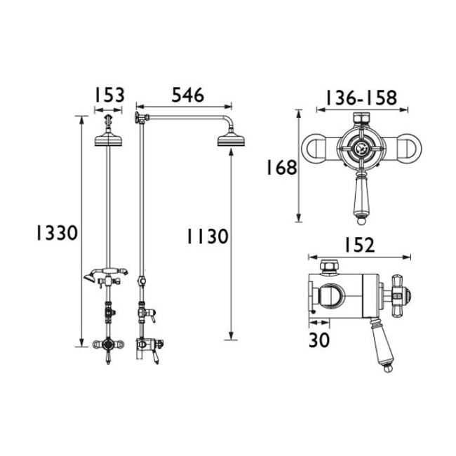 Heritage Dawlish Exposed Mixer Shower with Shower Kit + Fixed Head - Vintage Gold  | Dimension Image