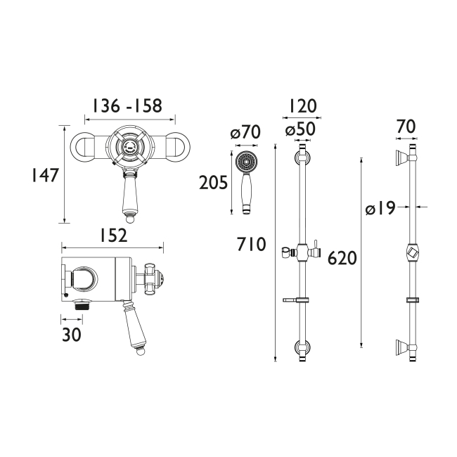 Heritage Dawlish Exposed Mixer Shower with Shower Kit - Vintage Gold  | Dimension Image