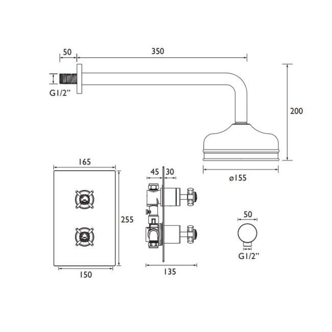 Heritage Dawlish Dual Concealed Mixer Shower with Fixed Head - Brushed Nickel  | Dimension Image