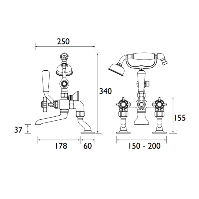 Heritage Dawlish Bath Shower Mixer Tap - Chrome  | Dimension Image