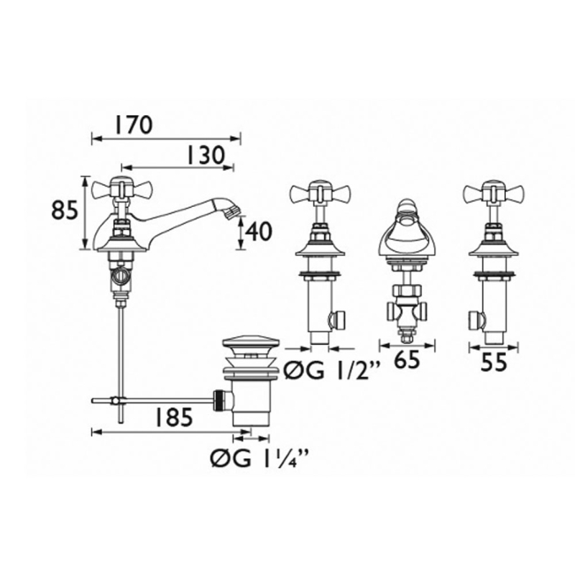 Heritage Dawlish 3-Hole Basin Mixer Tap with Pop up Waste - Chrome  | Dimension Image