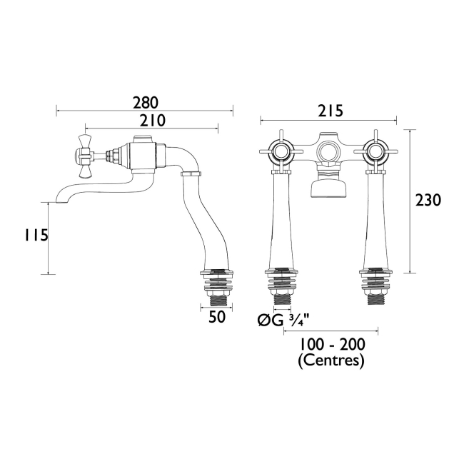 Heritage Dawlish Bath Filler Tap - Chrome  | Dimension Image