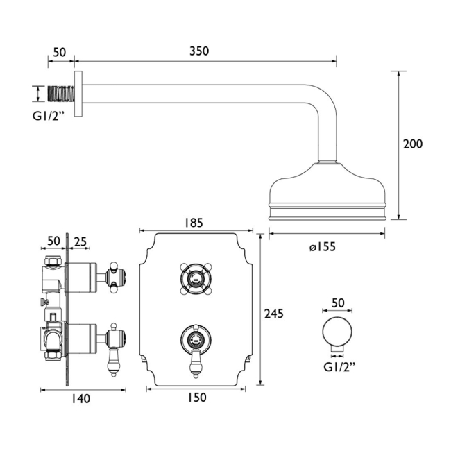 Heritage Glastonbury Dual Concealed Mixer Shower with Fixed Head - Vintage Gold  | Dimension Image