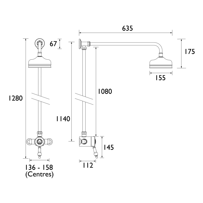 Heritage Glastonbury Exposed Mixer Shower with  Premium Fixed Riser Kit - Vintage Gold  | Dimension Image