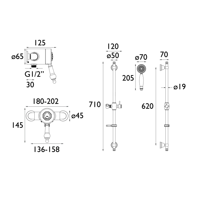 Heritage Glastonbury Exposed Mixer Shower with Shower Kit - Chrome  | Dimension Image