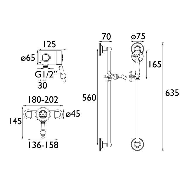 Heritage Glastonbury Exposed Mixer Shower with Shower Kit - Vintage Gold  | Dimension Image