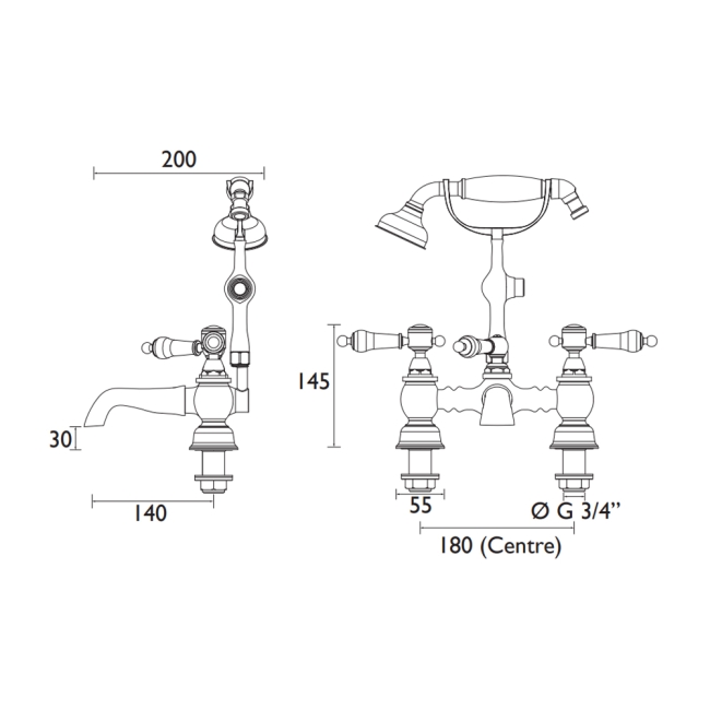Heritage Glastonbury Bath Shower Mixer Tap - Vintage Gold  | Dimension Image