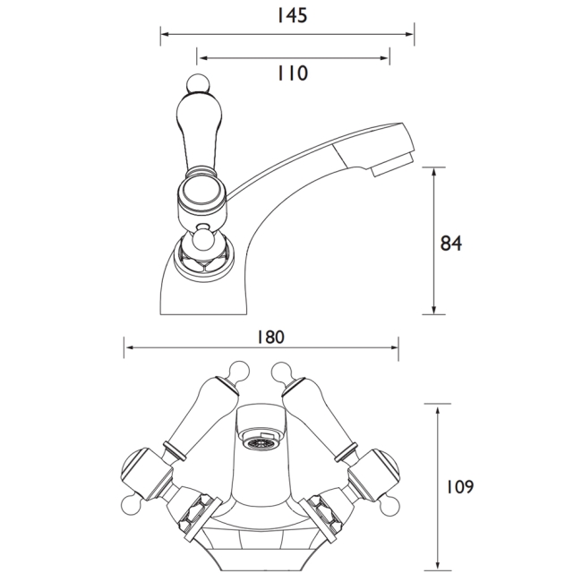 Heritage Glastonbury Basin Mixer Tap with Pop Up Waste - Vintage Gold  | Dimension Image