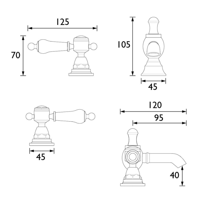 Heritage Glastonbury 3-Hole Basin Mixer Tap with Pop Up Waste - Vintage Gold  | Dimension Image