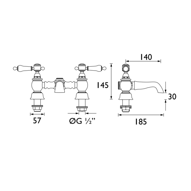 Heritage Glastonbury Bath Filler Tap - Vintage Gold  | Dimension Image